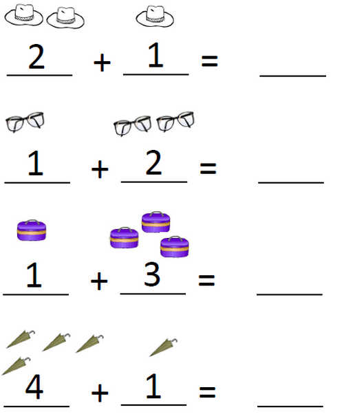 Задания по математике на сложение. Сосчитай предметы и скажи сколько их в сумме.