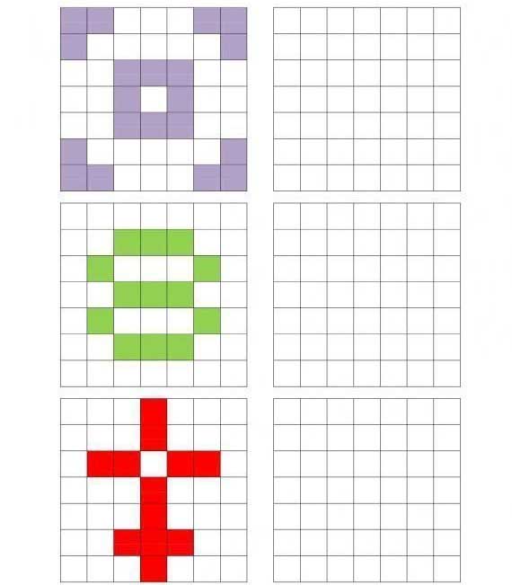 Нарисуй по клеточкам. Пиксельные узоры.Нарисуй по образцу.