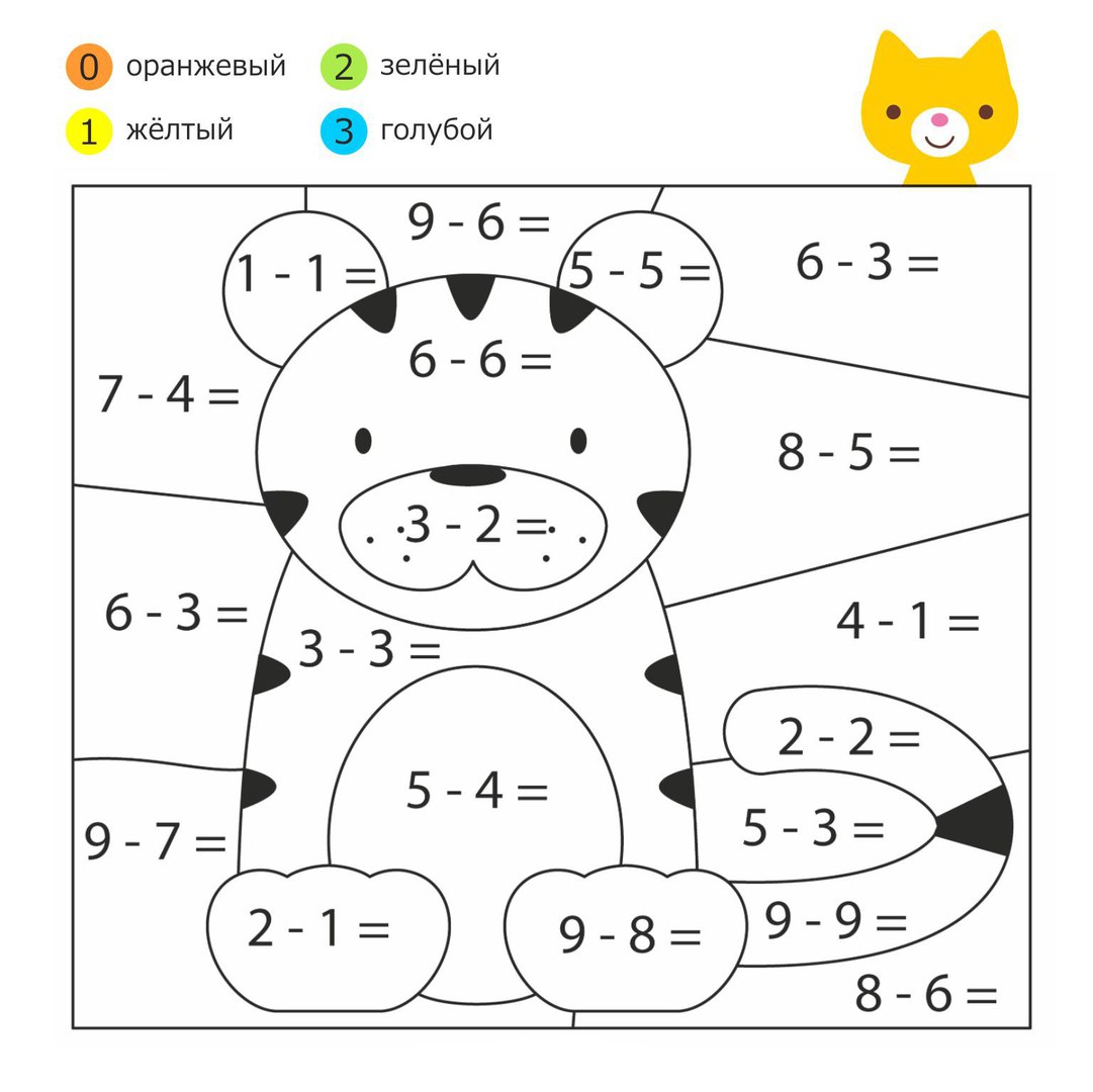Раскраски с животными. Раскрась животных по цифрам предварительно решив пример.