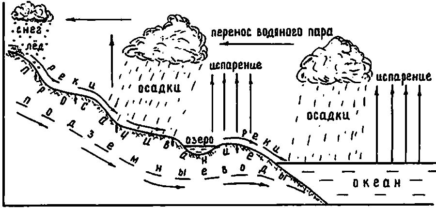 Какими буквами на схеме круговорота воды отмечены испарение перенос влаги осадки реки подземные воды