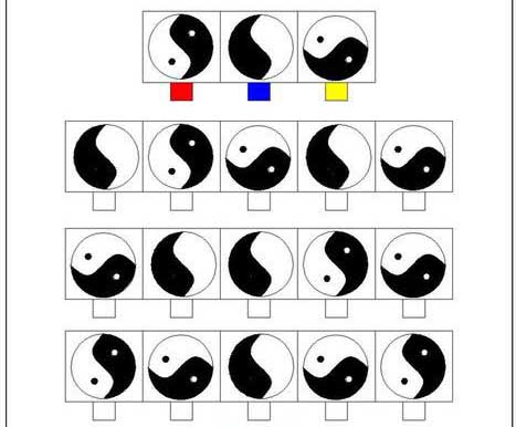 Найди одинаковые фигуры и закрась цветами по примеру верхнего ряда