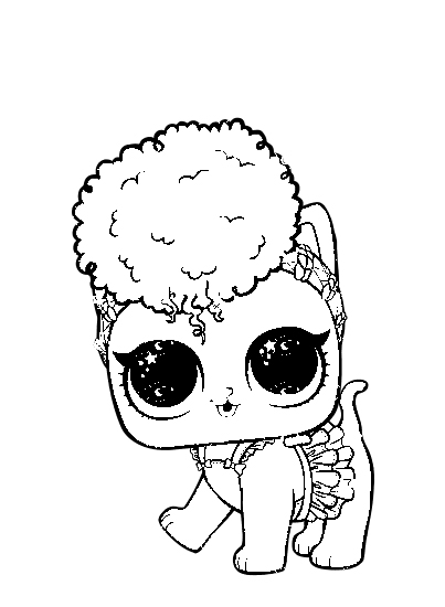 Раскраски куклы LOL питомцы cowardly kitty, лол котенок в платье.