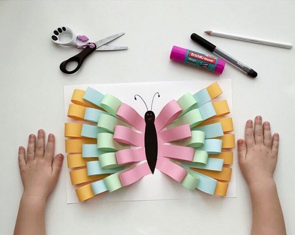 Объемная аппликация из полосок цветной бумаги. Бабочка 