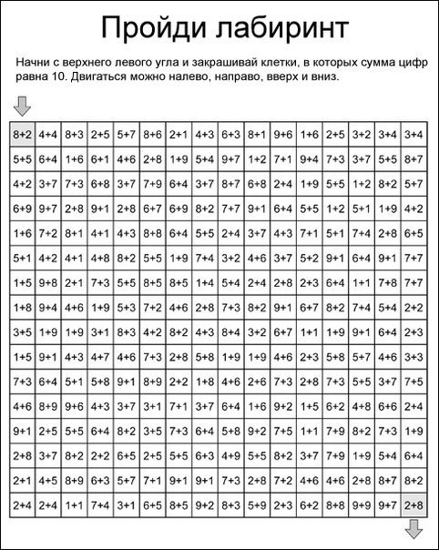 Математический лабиринт. Задание на сложение. Пройди лабиринт решая примеры.