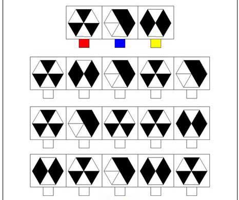Найди одинаковые фигуры и закрась цветами по примеру верхнего ряда