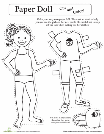 одень куклу. вырежи одежду и куклу из листа бумаги и раскрась ее