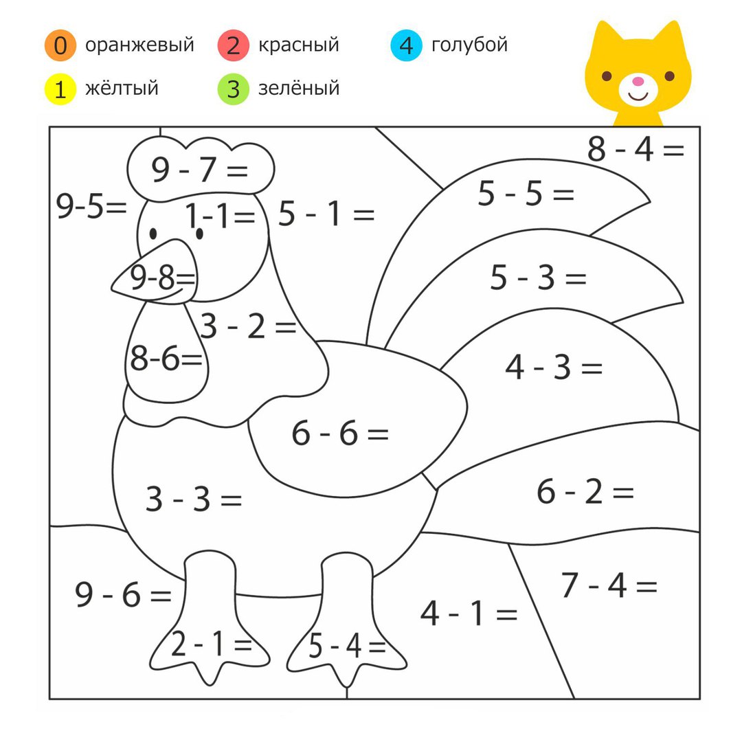 Раскраски с животными. Раскрась животных по цифрам предварительно решив пример.