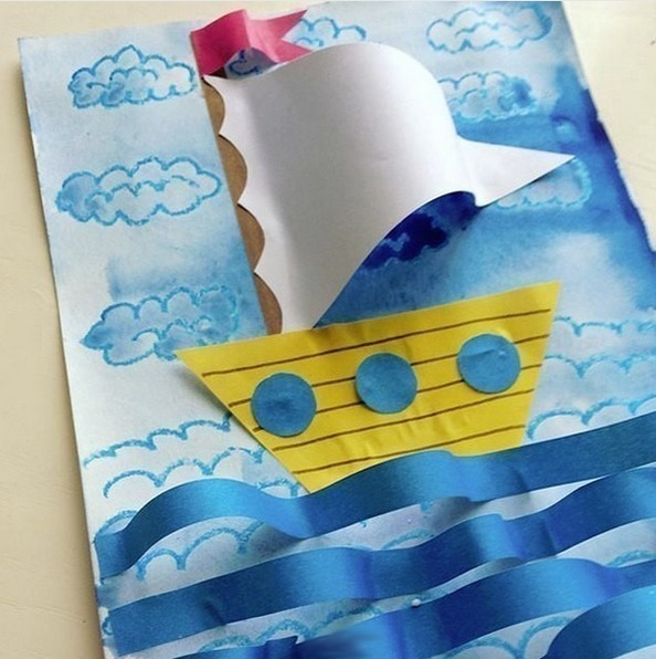 Объемная аппликация на морскую тему кораблик на волнах