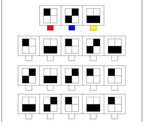Найди одинаковые фигуры и закрась цветами по примеру верхнего ряда