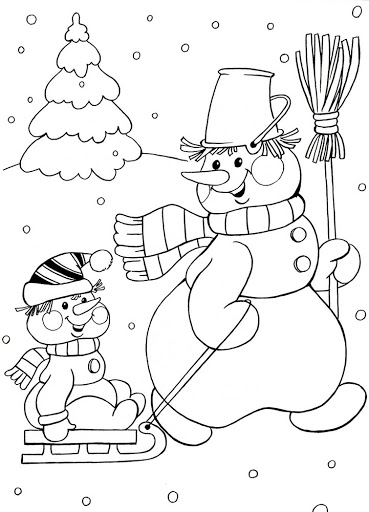 Снеговик везет ребенка на санках