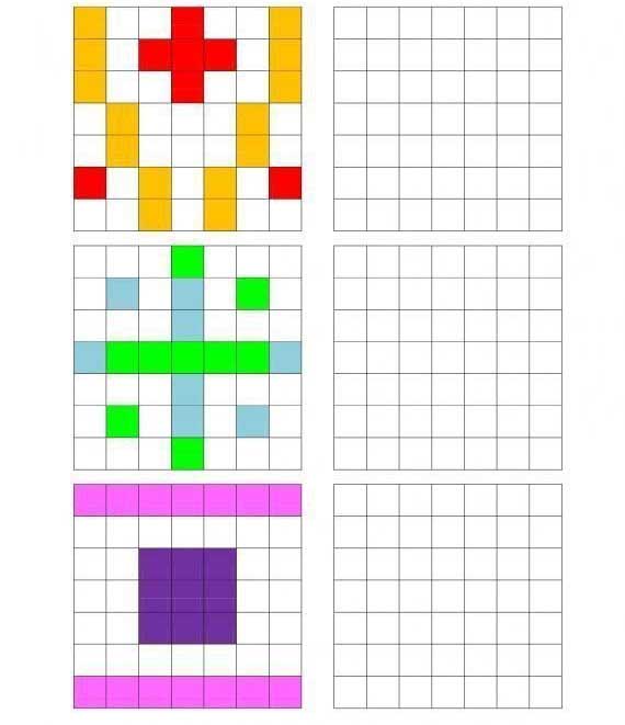 Нарисуй по клеточкам. Пиксельные узоры.Нарисуй по образцу.