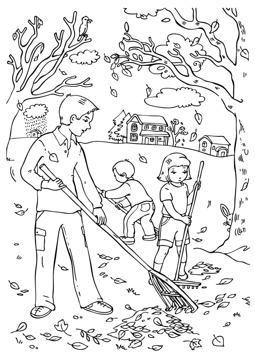 Семья осенью собирает листья