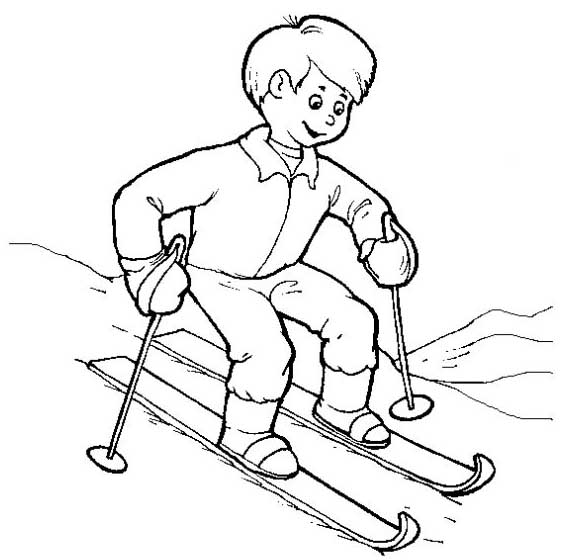Лыжный спорт. Лыжники едут с горы. Раскраски. 
