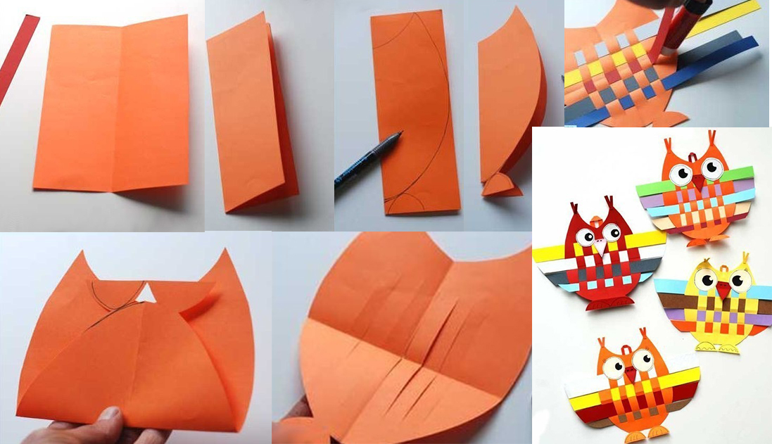 Сова из цветной бумаги. Плетеная поделка из цветной бумаги