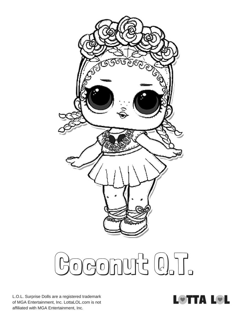 Раскраска кукла Coconut Q.T, раскраски куклы лол, кукла с венком