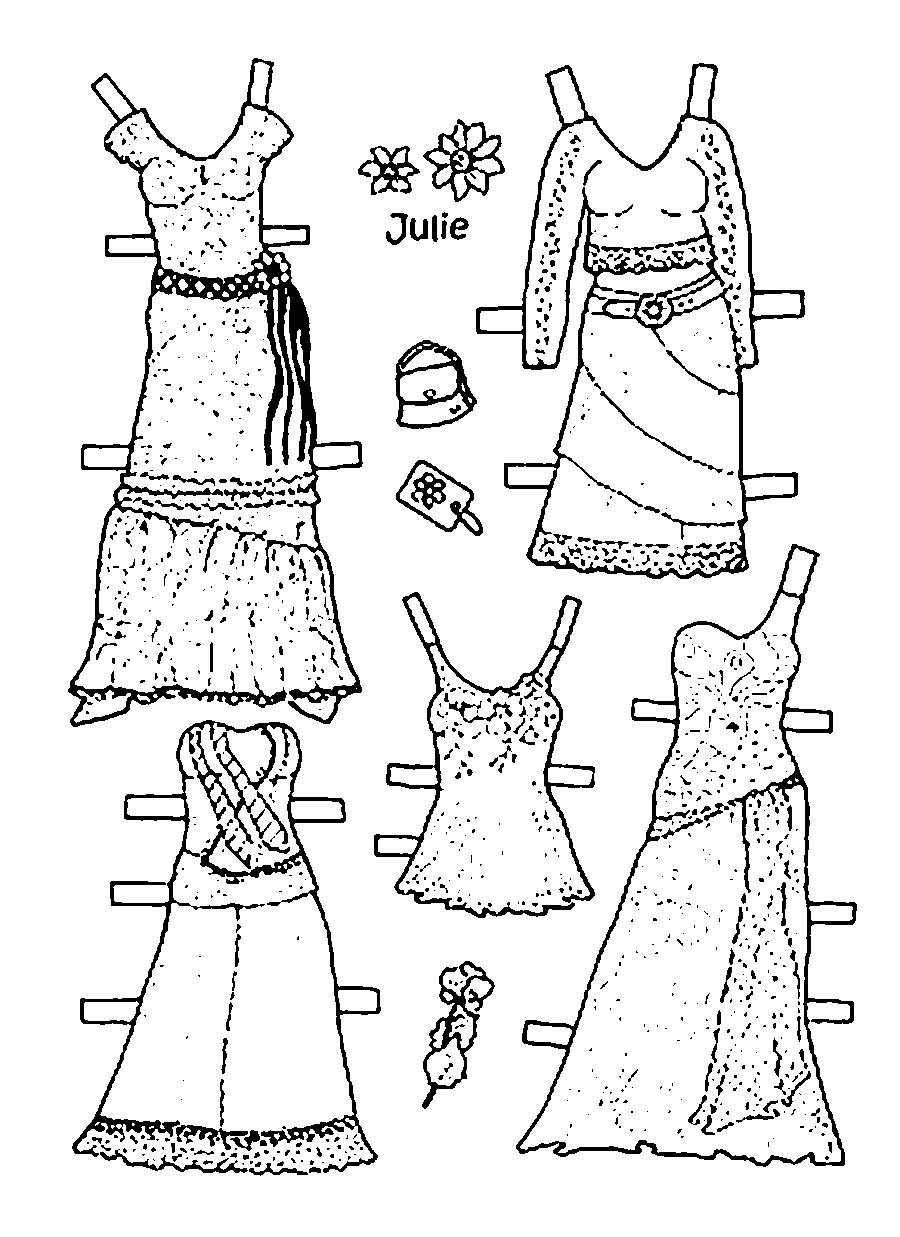 Платья кукол для вырезания. Вырежи одежду, раскрась ее и одень куклу. 