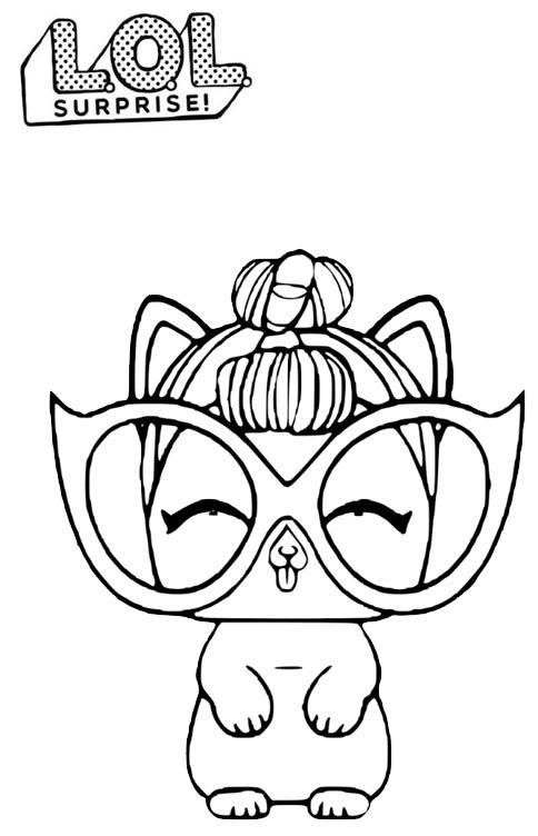 Раскраски куклы лол и питомцы It Kitty, сидящий котенок в очках.