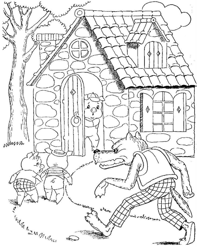 Раскраски с поросятами и волком. Три поросенка скачать бесплатно онлайн