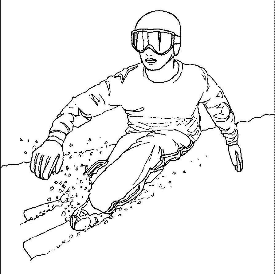 Лыжный спорт. Лыжники едут с горы. Раскраски. 