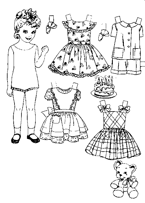 Платья кукол для вырезания. Вырежи одежду, раскрась ее и одень куклу. 