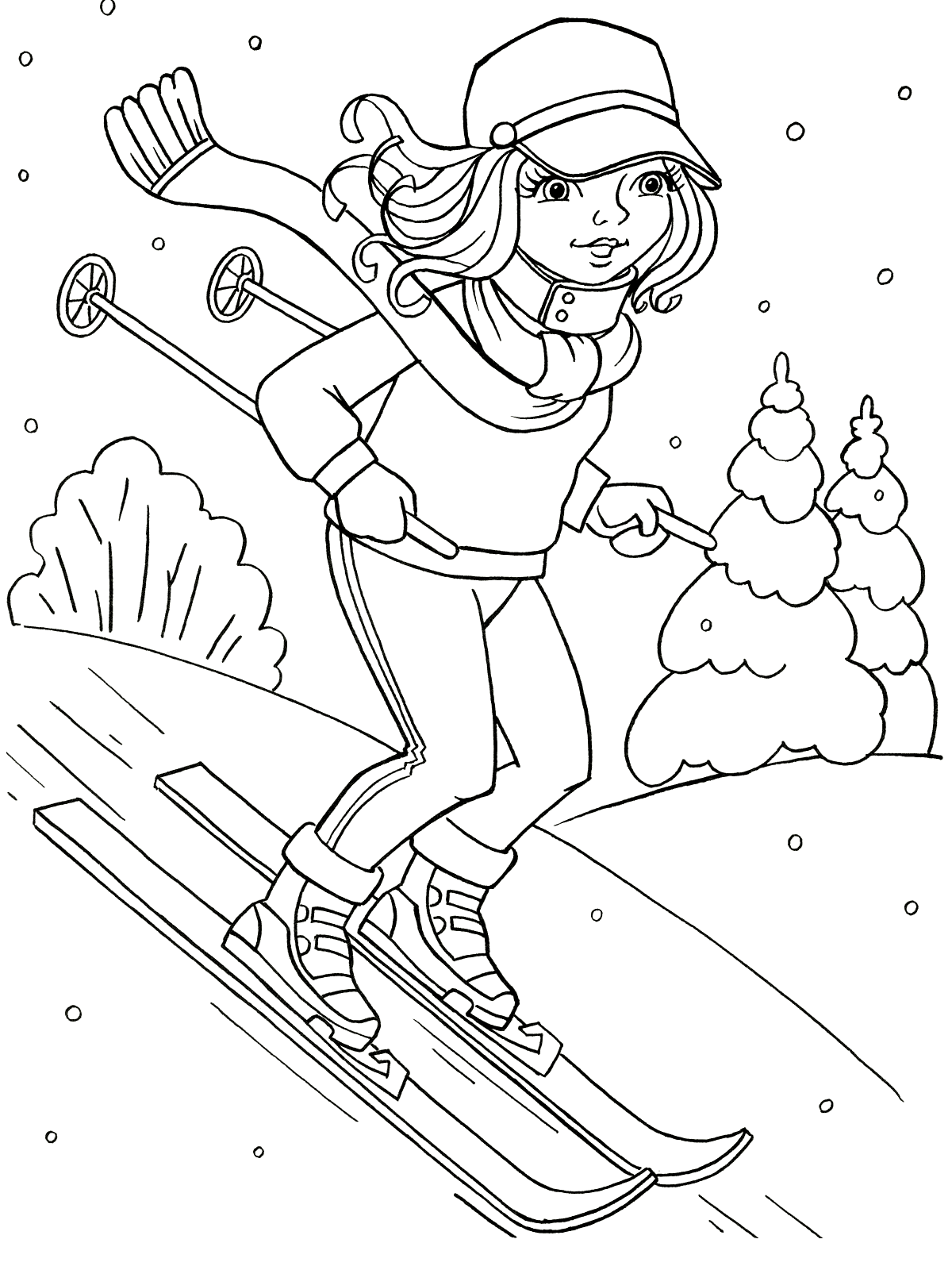 Лыжный спорт. Лыжники едут с горы. Раскраски. 