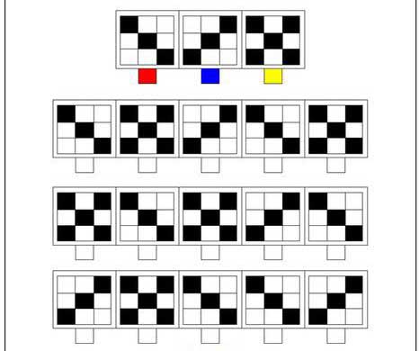 Найди одинаковые фигуры и закрась цветами по примеру верхнего ряда