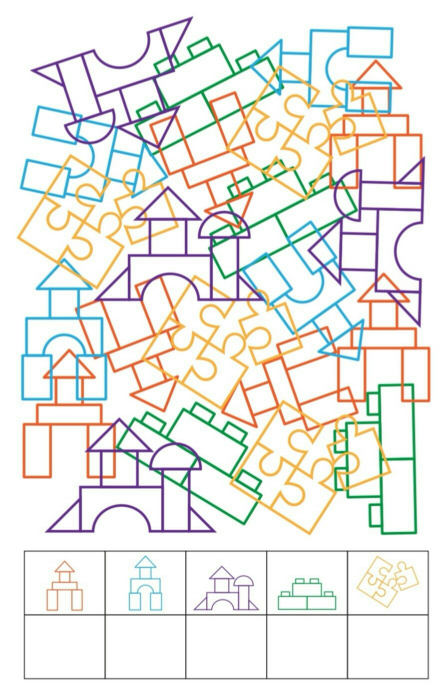 Посчитай сколько предметов каждого типа на рисунке и напиши количество