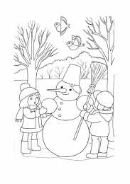 Зима Дети лепят снеговика