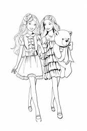 Барби Девочки в модных платьях несут плюшевого мишку