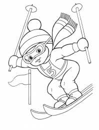 Лыжи Лыжный спорт. Лыжники едут с горы. Раскраски. 