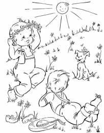 Лето Дети играют с собакой на солнечной сопке