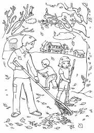 Осень Семья осенью собирает листья