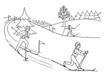 Лыжи Лыжный спорт. Лыжники едут с горы. Раскраски. 