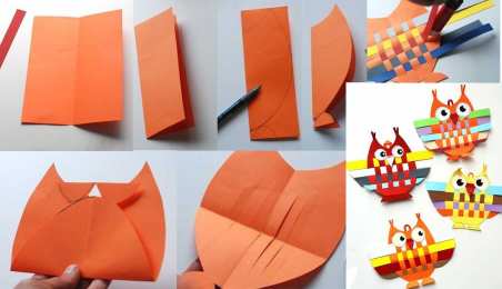 Поделки из цветной бумаги Сова из цветной бумаги. Плетеная поделка из цветной бумаги