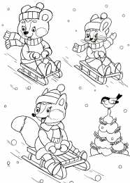 Животные катаются на санках